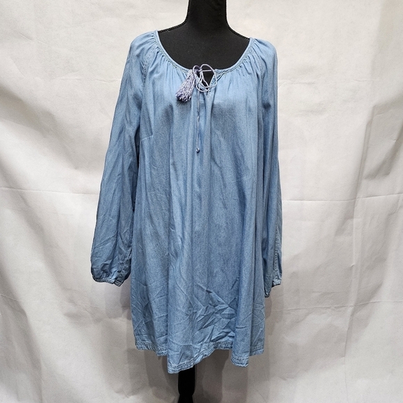 Ellos Blue Denim Tunic 100% Cotton With Tassle Tie Neck Size  1X - Picture 1 of 7
